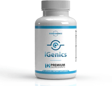 iGenics eye health support supplement bottle with 12 premium ingredients