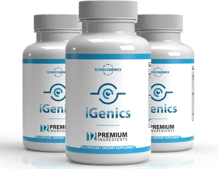 Multiple iGenics eye health support supplement bottles displayed together