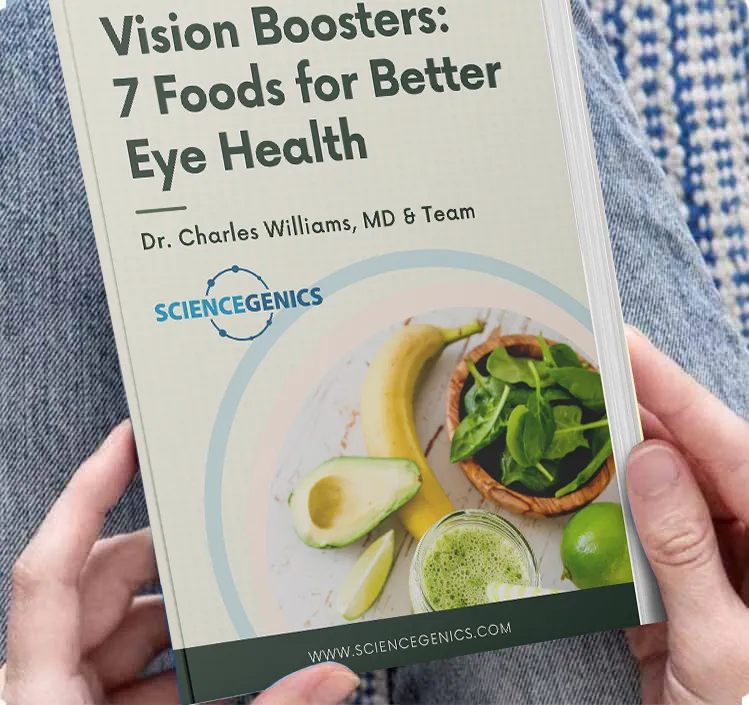 Cover of the Vision Boosters ebook featuring foods commonly associated with eye health