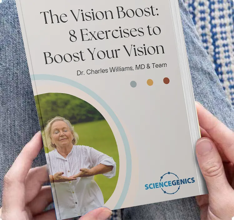 Cover of the Vision Boost ebook showing an adult performing gentle eye exercise movements