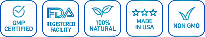 Quality and manufacturing icons showing GMP certified, FDA registered facility, 100% natural, made in USA, and non-GMO